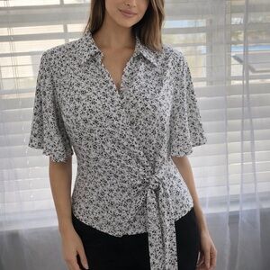 Zara White & Black Ditsy-Print Tie-Waist Blouse